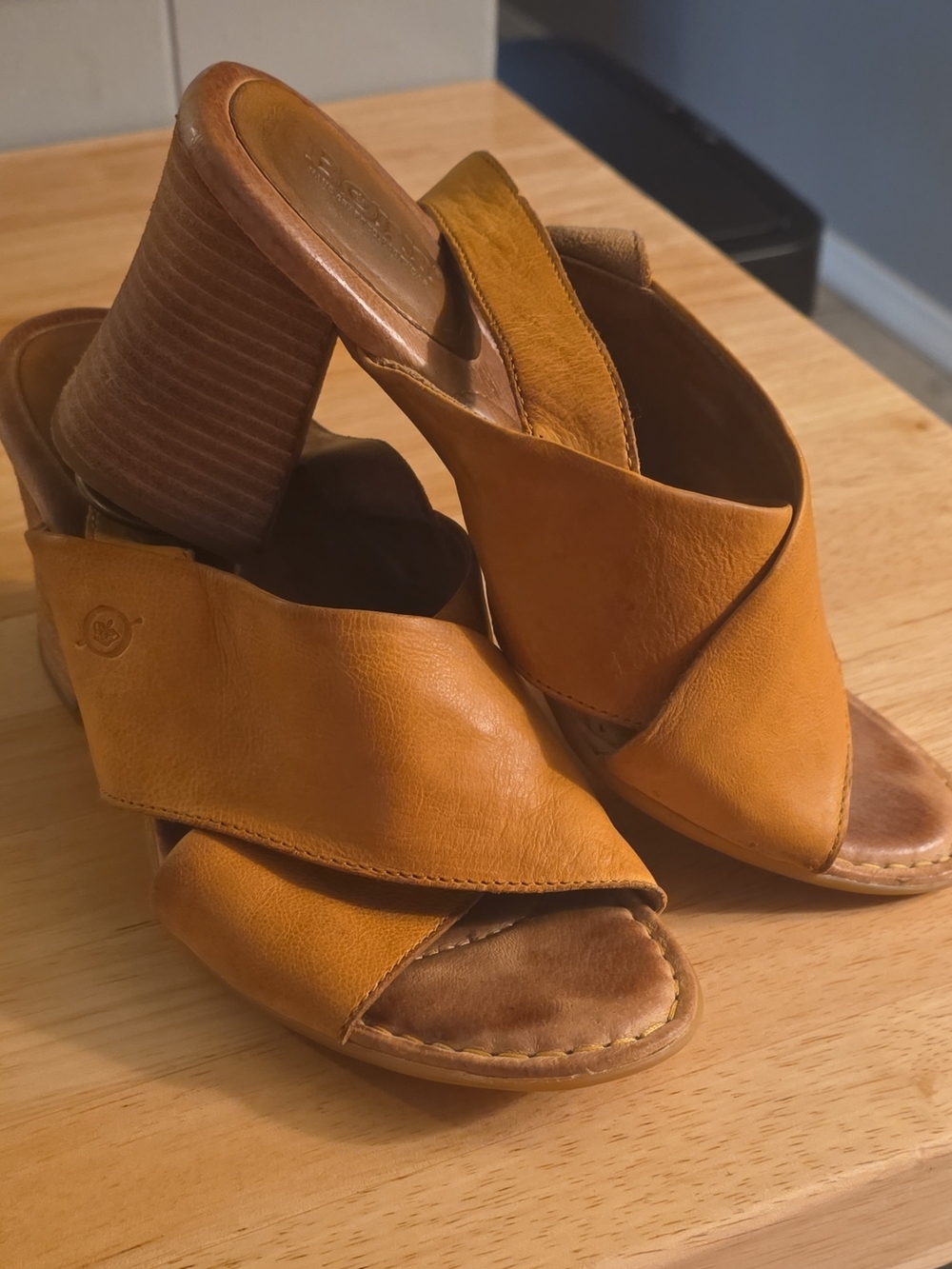 Born Mustard Leather Crisscross Heel Sandals